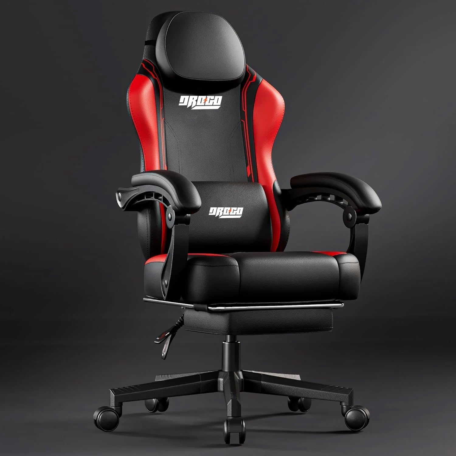 BAYBEE Drogo Ergonomic Gaming Chair with Linkage Armrest, Footrest & Seat Adjustable Video Game Chair Computer Chair with Leather,Head & Lumbar Pillow Office Chair with Recline (Black/Red)