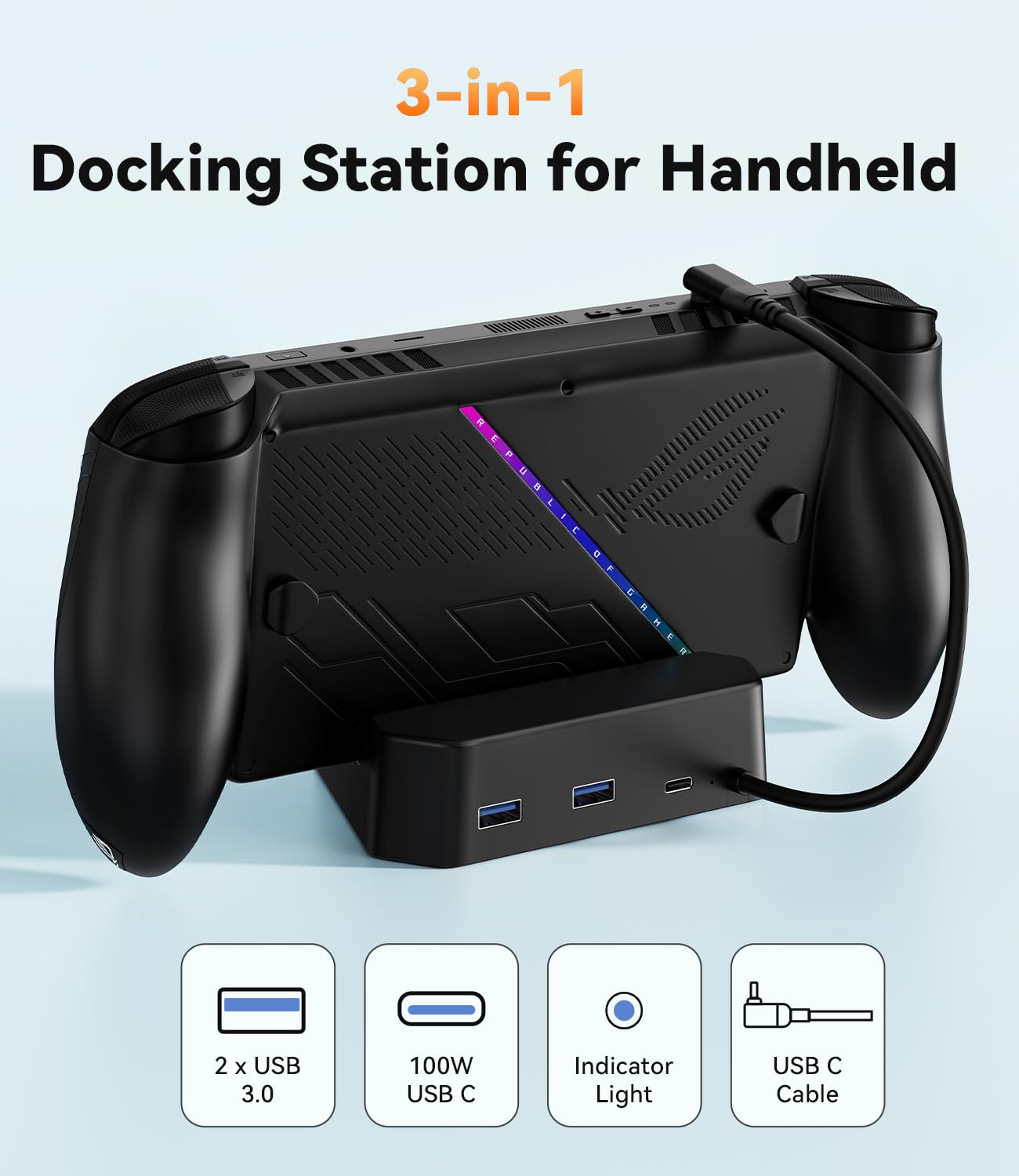 SiWiQU 3-en-1 Estación de Carga 100 W Compatibile con ROG para Xbox Ally / Ally X (2025) Solo, No Proyecta, Portátil Cargador Dock con 100 W Carga Entrada / 2 puertos USB 3.0 / Cable USB C integrado