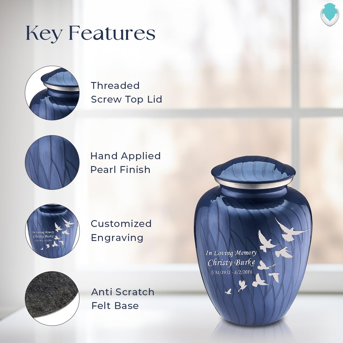 Geturns Embrace Small Personalized Doves Cremation Urns for Human Ashes I Pearl Cobalt Blue Funeral Urn for Men and Women I 44 lbs
