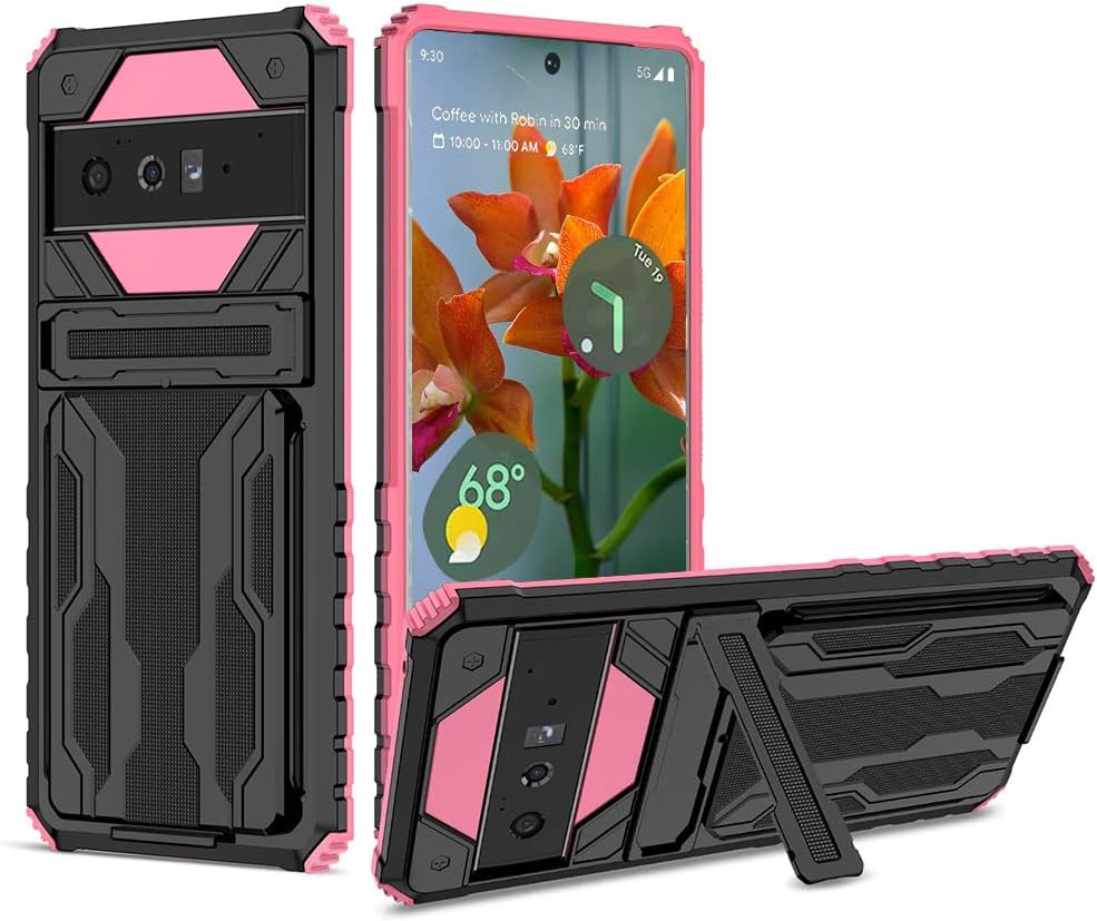 BINGRAN Google Pixel 6 Pro Case,Card Holder PC Hard Shell Holder Military Grade Strong Impact Resistant Wallet Protective Case for Google Pixel 6 Pro -Pink