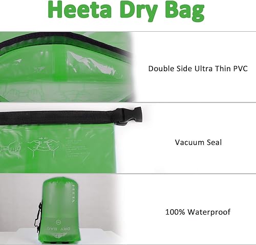 Miniatura 8 de HEETA Bolsa seca impermeable para mujeres y hombres, color verde transparente, paquete de 5 litros, con 2 bolsas impermeables con correa para la