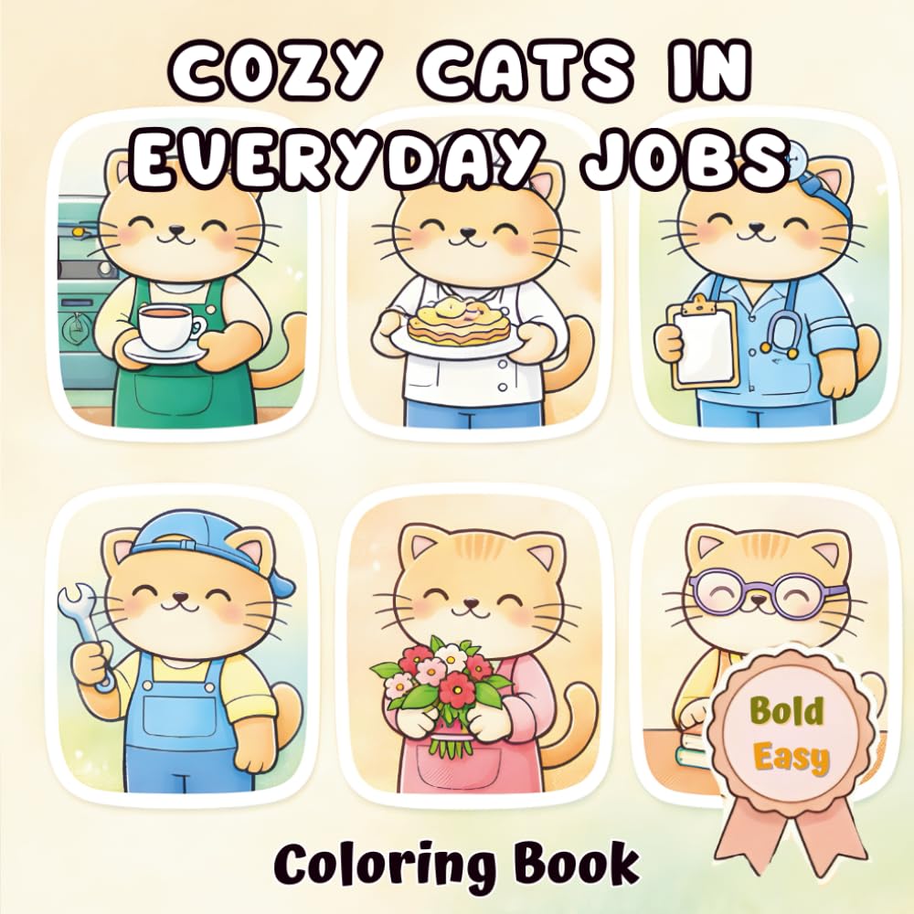Cozy Cats in Everyday Jobs: Bold & Easy Cute Cat Career Scenes to Color for Relaxation and Stress Relief