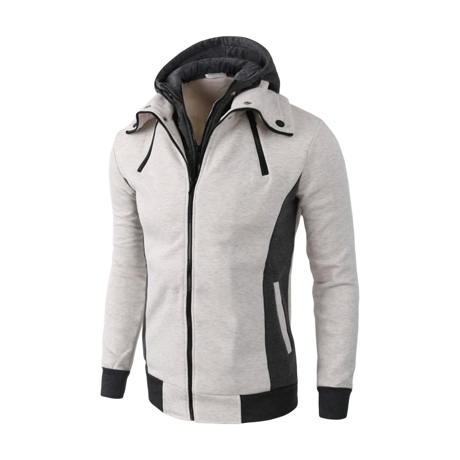 Maiyifu-GJ Men's Double Zipper Turtleneck Fleece Hoodie Lightweight Zip Up Hooded Jacket Long Sleeve Sweatshirt With Pocket (Light White,Large)