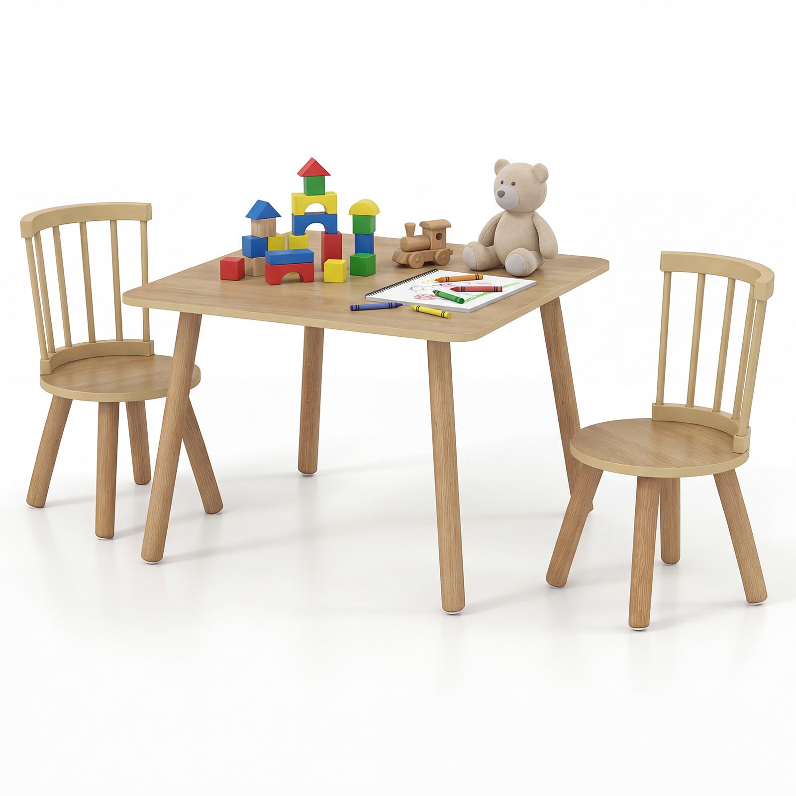 COSTWAY Kids Table and Chairs, Wooden Children Activity Desk Chair Set with Curved Backrest, 3 PCS Toddler Table and Chair Set for Playroom, Daycare (Natural)