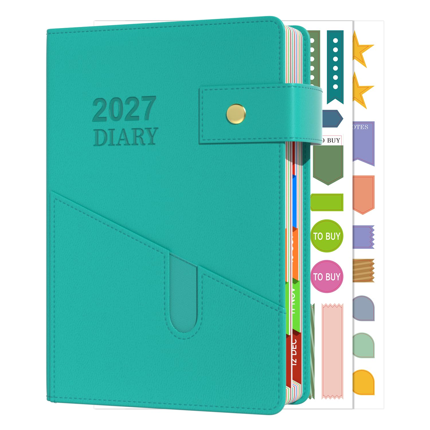 Sailingvan Diary 2027 A5 Page a Day with Button Strap,January 2027-December 2027, Monthly Overview Daily Planner, Colorful Monthly Tabs, Front Pocket, Pen Holder & Planning Stickers (8.5'' x 5.8'')