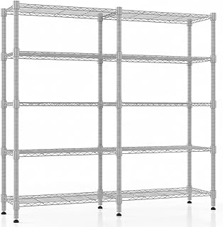 Himimi 5-stöckiges Metallregal zur Aufbewahrung, verstellbares Drahtregal, Schwerlastregal mit Nivellierfüßen, Lagerregal für Schlafzimmer, Wohnzimmer, Küche, Garage, 152 x 35 x 183 cm, Silber