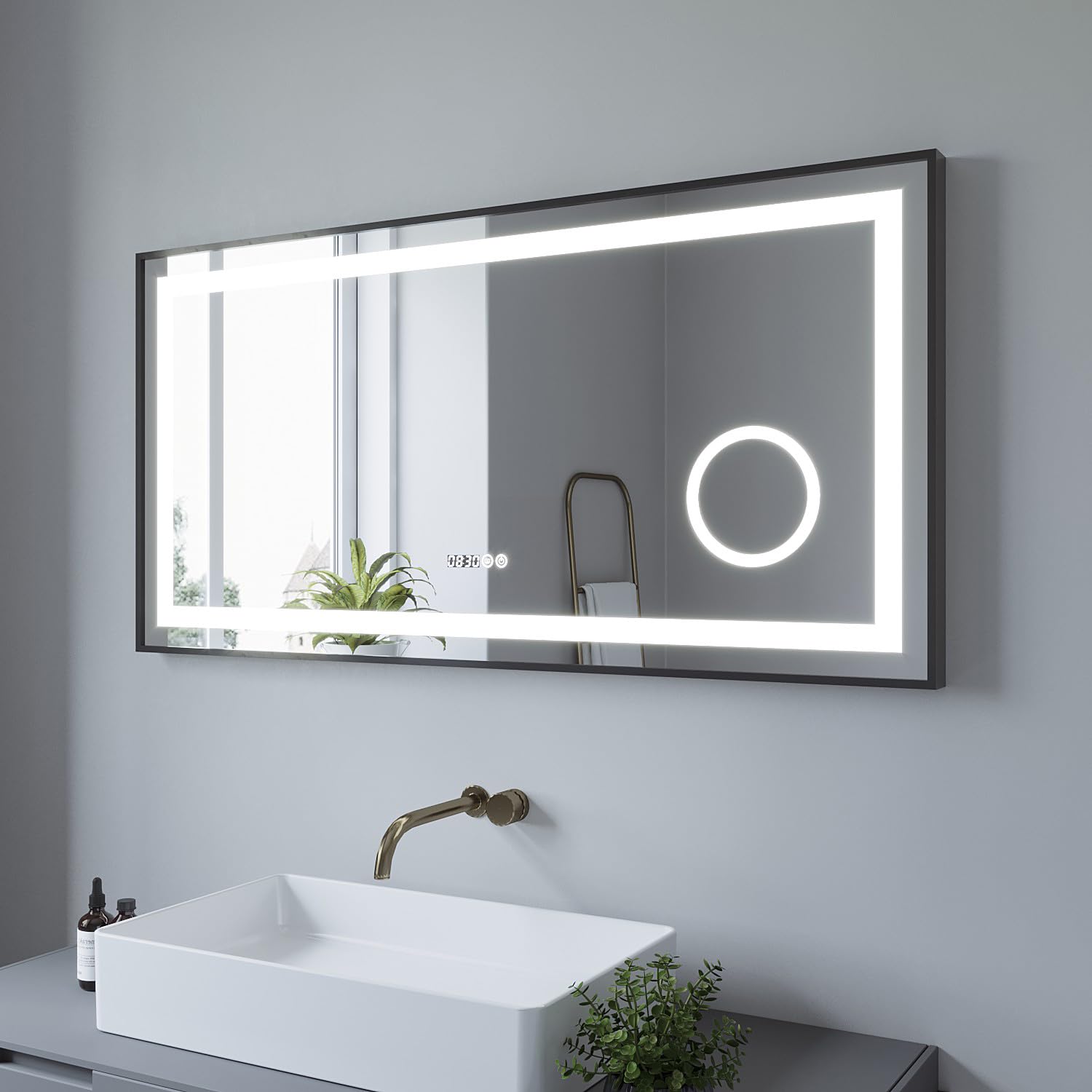 AQUABATOS® 120x60 cm LED Badspiegel mit Beleuchtung Badezimmerspiegel Digital Uhr Aluminiumrahmen Schwarz matt Touch Dimmbare Kaltweiß Beschlagfrei Heizung Schminkspiegel 3-Fach Vergrößerung