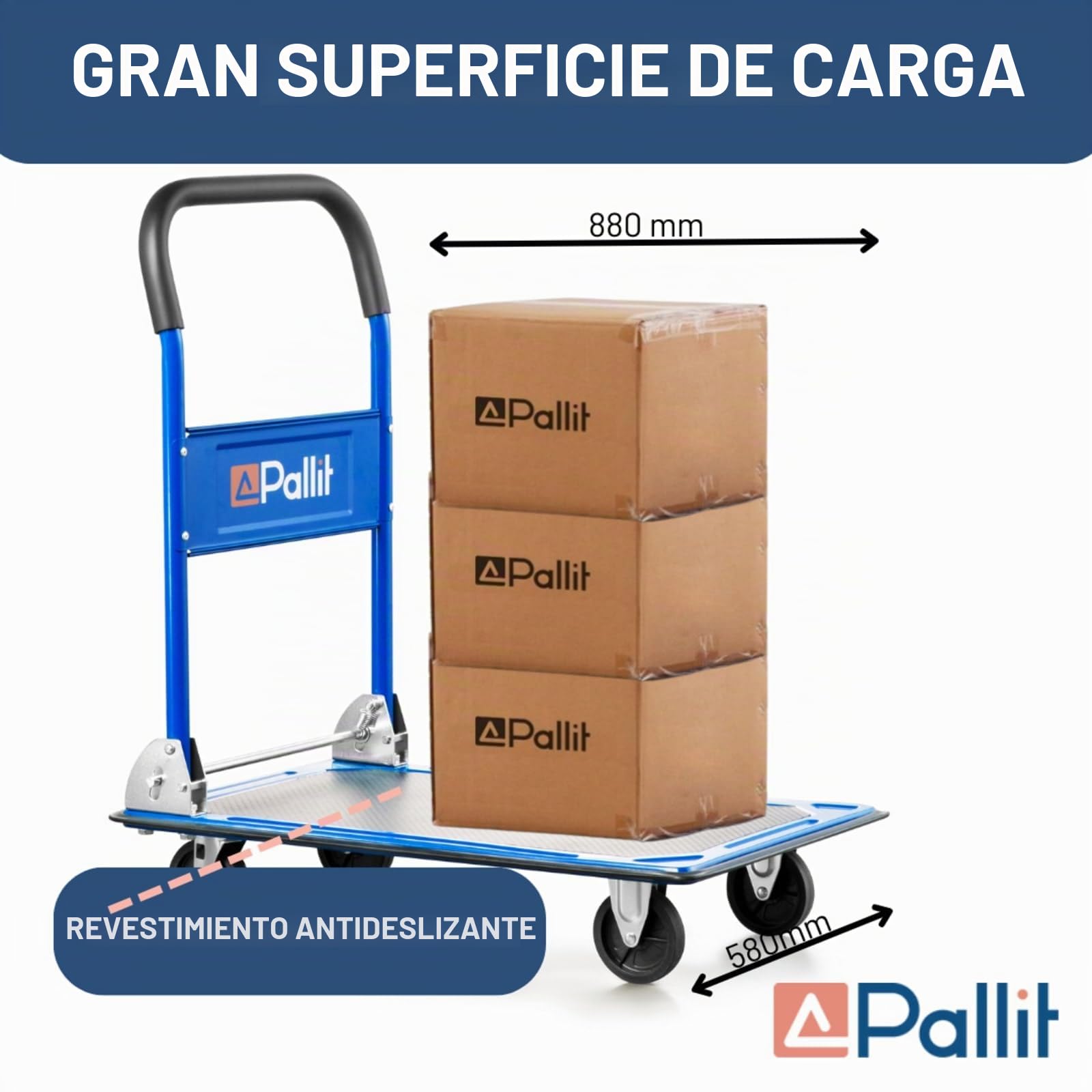 Pallit - Carretilla de transporte plegable en azul, 150 kg de capacidad de carga, carrito portaequipajes con plataforma, revestimiento antideslizante, ayuda al transporte, carretilla manual
