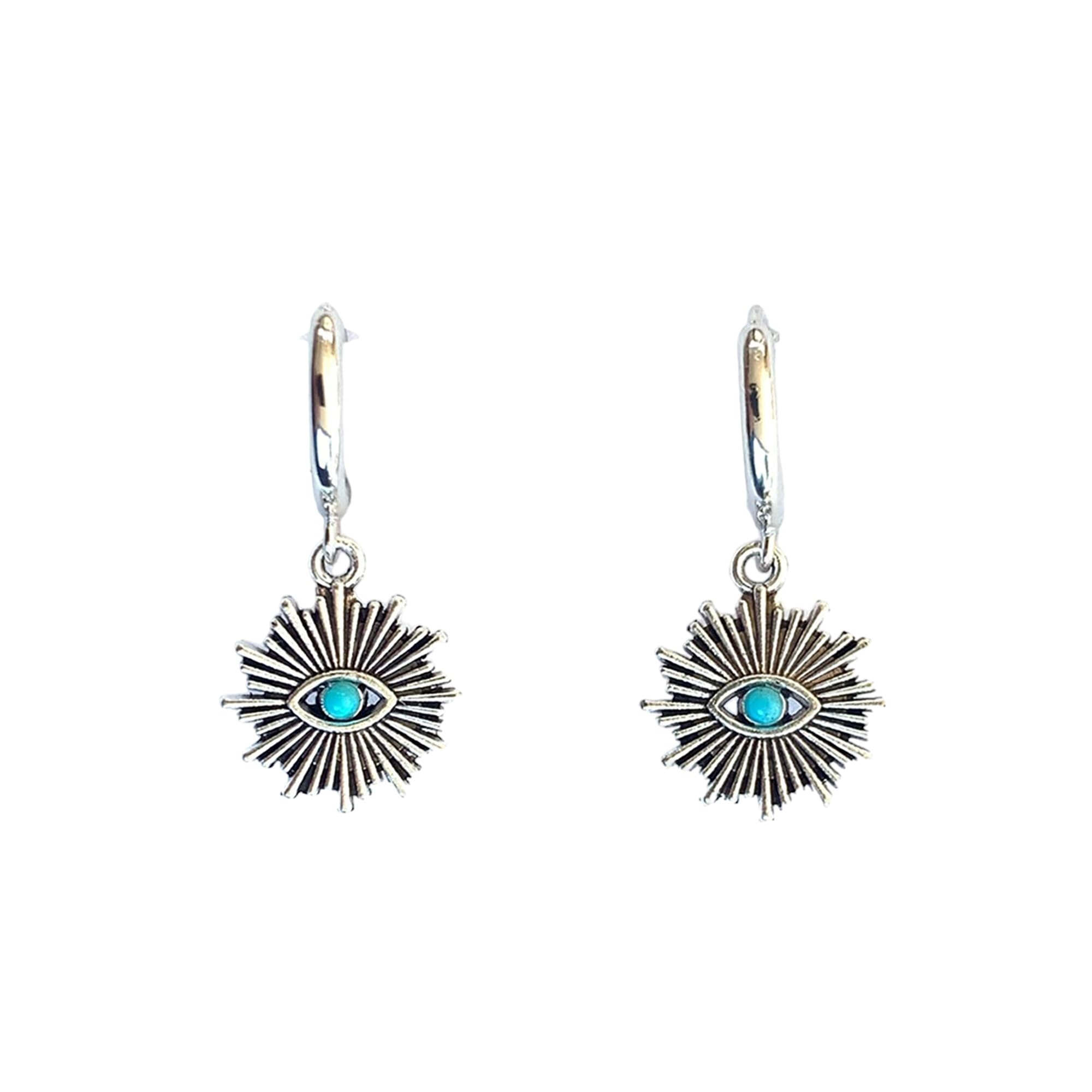 ASTER ALHELÍ Pendientes Mujer Sol Étnico Chapados en Platino con Piedra color Turquesa - Aros y Colgante en Forma de Sol en Plata Vieja - Amuleto Protector - Perfectos para Regalo - Sol Turquesa