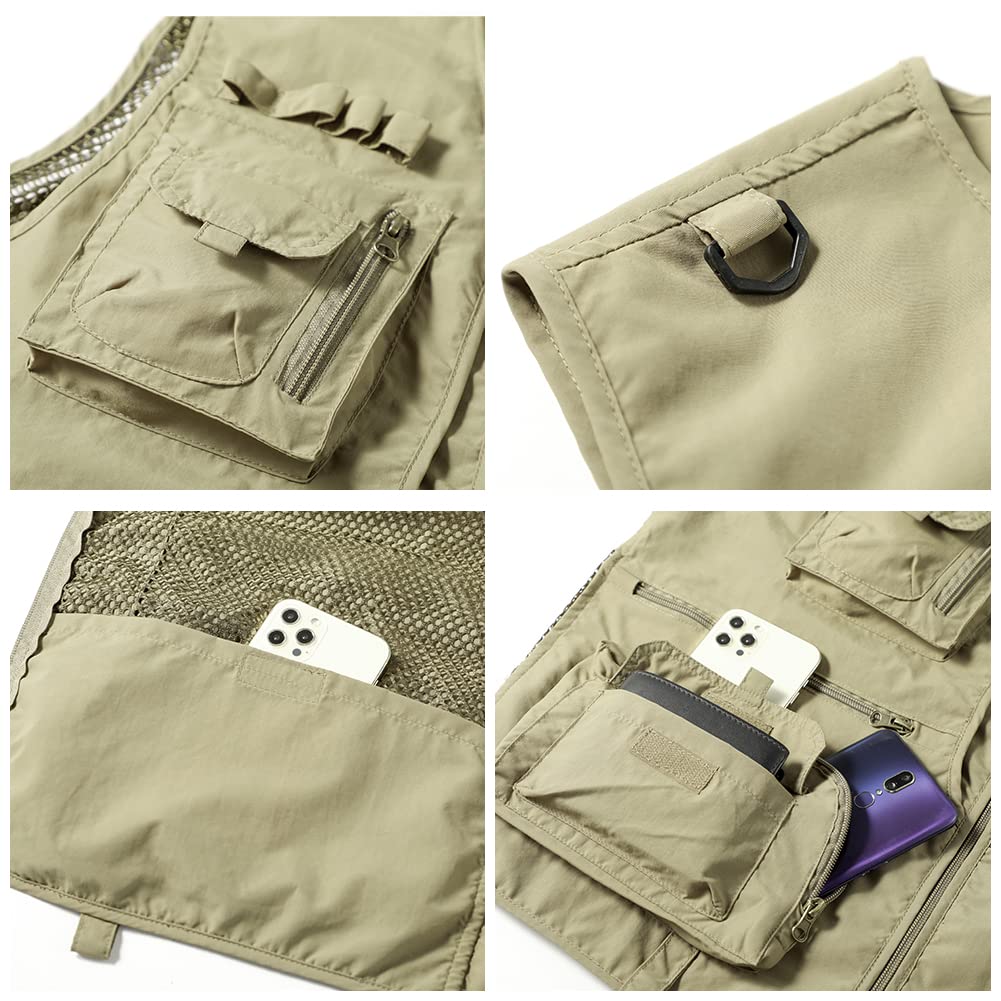 Gilet de pêche multi-poches pour homme - Gilet de safari, de chasse, de randonnée, de photographie respirant