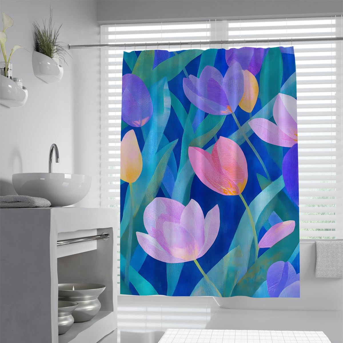 UIRINGART Modern Abstract Tulip Shower Curtain W200xL200cm Pink Purple Flower Blue Background Anti Mould Waterproof Bathroom Curtain Walk In Shower With Hooks