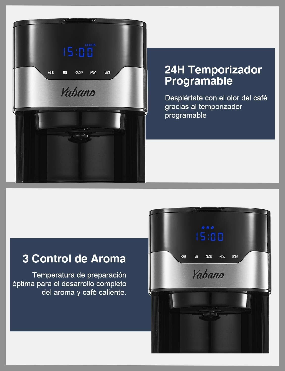 Yabano Cafetera, Cafetera Goteo, Digital con Temporizador, Aroma Selector,  Filtro Permanente, Pantalla Táctil, 900W, 1.5 L(12 Tazas), Jarra de Vidrio,  Acero Inoxidable : Hogar y cocina