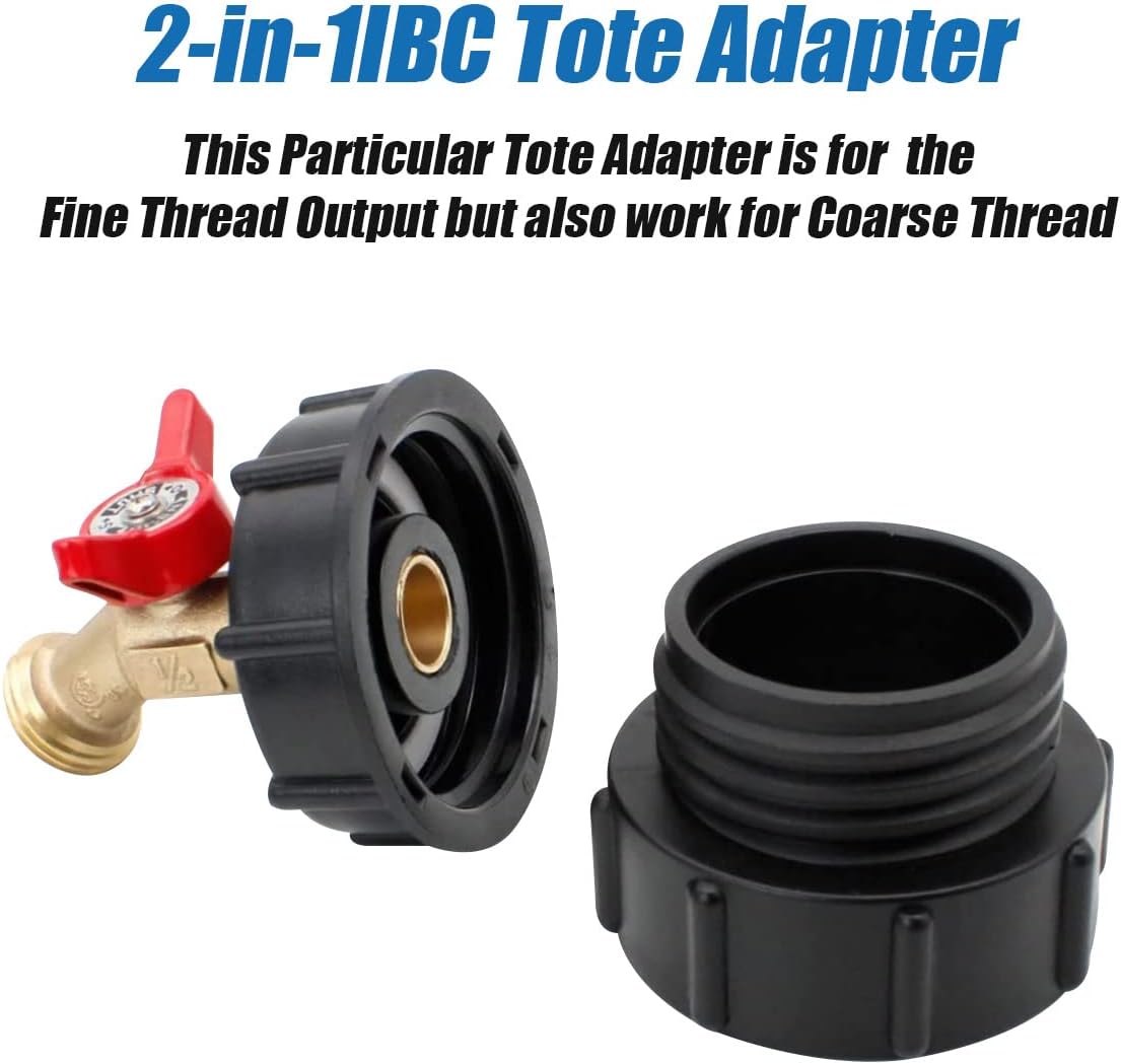 KAKSEY 275-330 Gallon IBC Tote Tank Adapter 2" Fine Thread, 60mm IBC Tote Fittings with Drain 1/2" Male NPT Inlet ×3/4" Male GHT Threaded Brass Hose Faucet Garden Hose Connector