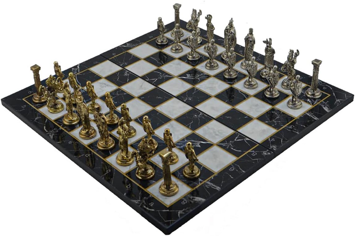 Royal British Army Metal Chess Set for Adults,Handmade Pieces and Marble or Mosaic Design Folding Wooden Chess Board King 3.35inc (Marble Design)