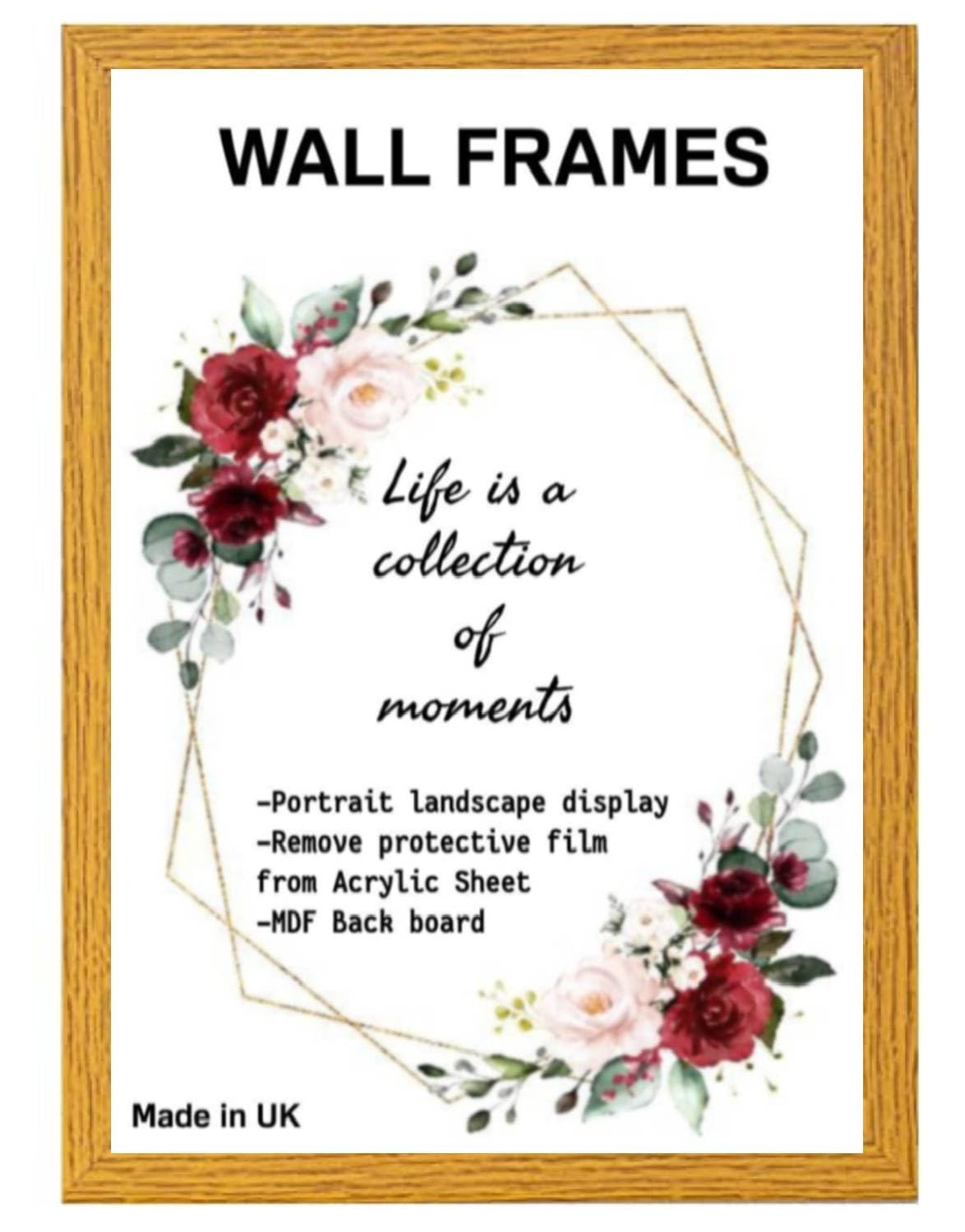 Home Plus Dealz Oak Wall Photo Frame 45 x 60 cm For Display Poster Print Picture With HD Clear Aclyric Front 30x15mm Moulding Metal Hooks MDF Wood