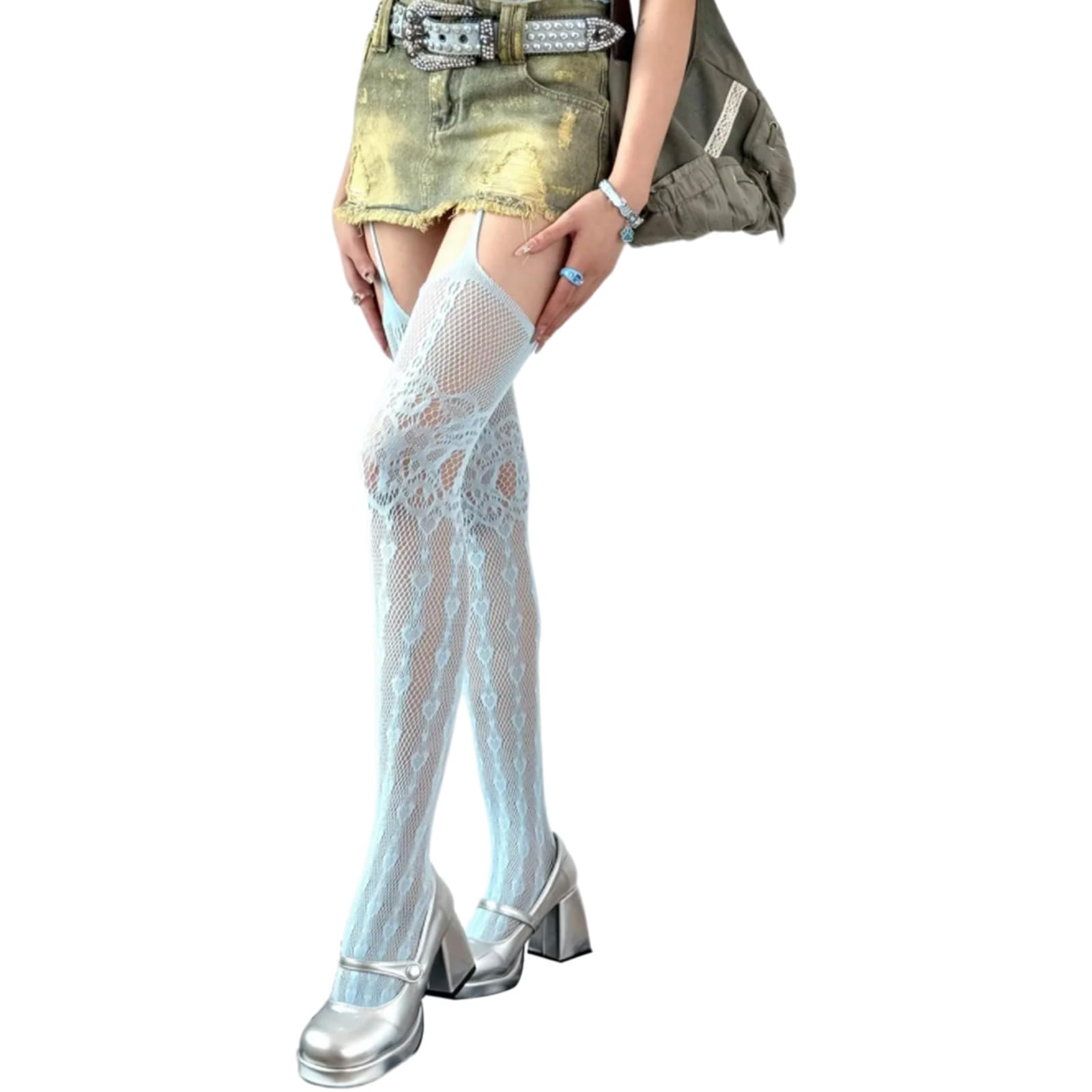 Uikios Women's Blue Subcultures Fishnet Mesh Garters Thigh High Stockings Tights Hollowed Out Heart Pattern Sheer Suspender Pantyhose