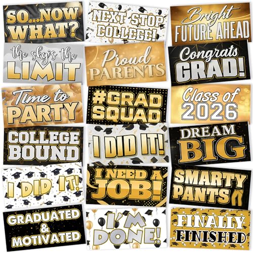 24 Designs 2026 Graduation Photo Booth Props Double Sided 11x5.51 Graduation Prom Party Photoshoot Gold Black Picture Props for Photoshoot Supplies Waterproof Selfie Signs PVC for Party