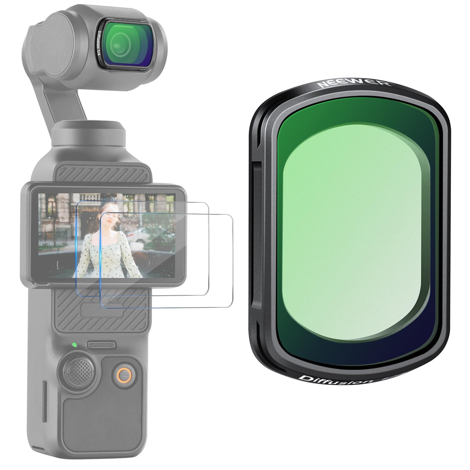 NEEWER Magnetic Black Diffusion 1/4 Effect Filter Compatible with DJI OSMO Pocket 3, Dreamy Cinematic Mist Lens Filter Ultra Slim Frame & Multi Coated HD Optical Glass, 2 LCD Touch Screen Protectors