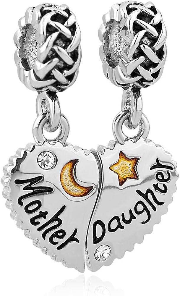 CharmSStory Mom Mother Daughter Heart Love Dangle Charm Beads for Snake Chain Bracelet