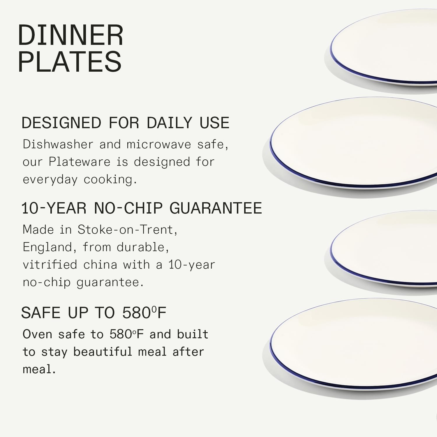 Made In Cookware - Platos llanos de 11 pulgadas, juego de 4, color blanco con borde azul marino, porcelana, fabricados en Inglaterra
