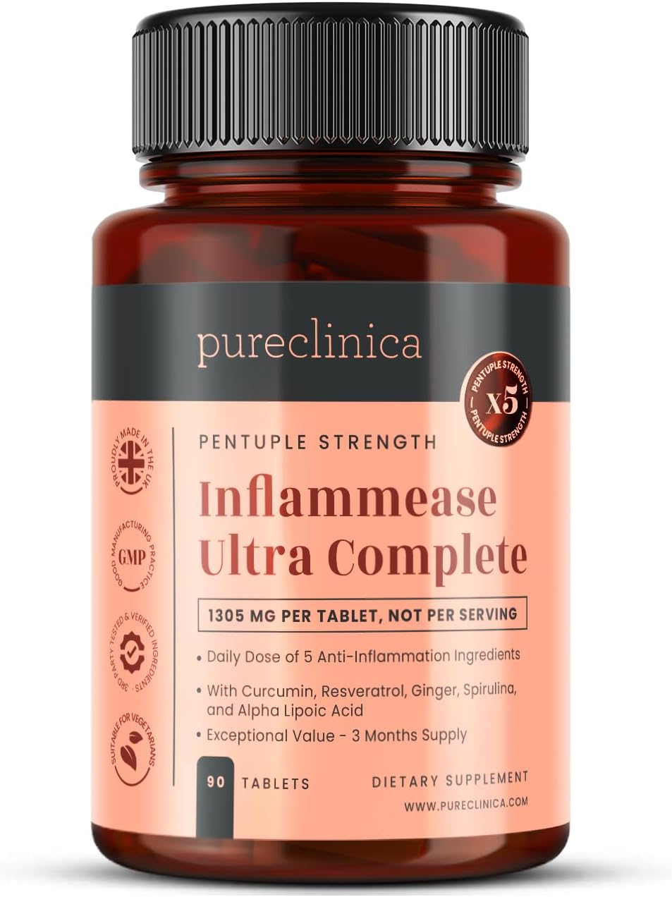 INFLAMMEASE Ultra Complete 1305mg – 90 Tablets (Turmeric Extract, Curcumin, Spirulina, Alpha Lipoic Acid, Resveratrol & Ginger Extract) – 3 Month Supply
