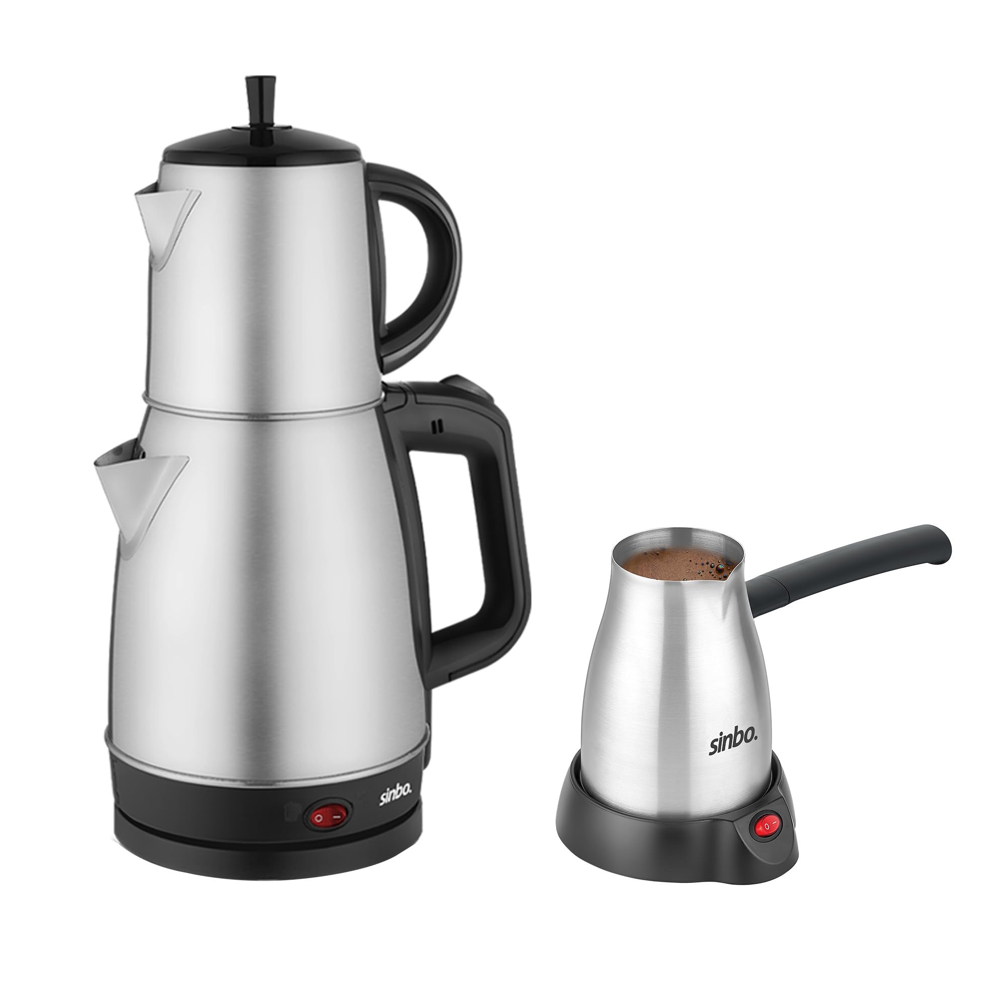Sinbo STM-5845 ve SCM-2967 Çelik Set – 360° Dönebilen Kablosuz Çay Makinesi ve Türk Kahvesi Cezvesi, Şık Paslanmaz Çelik