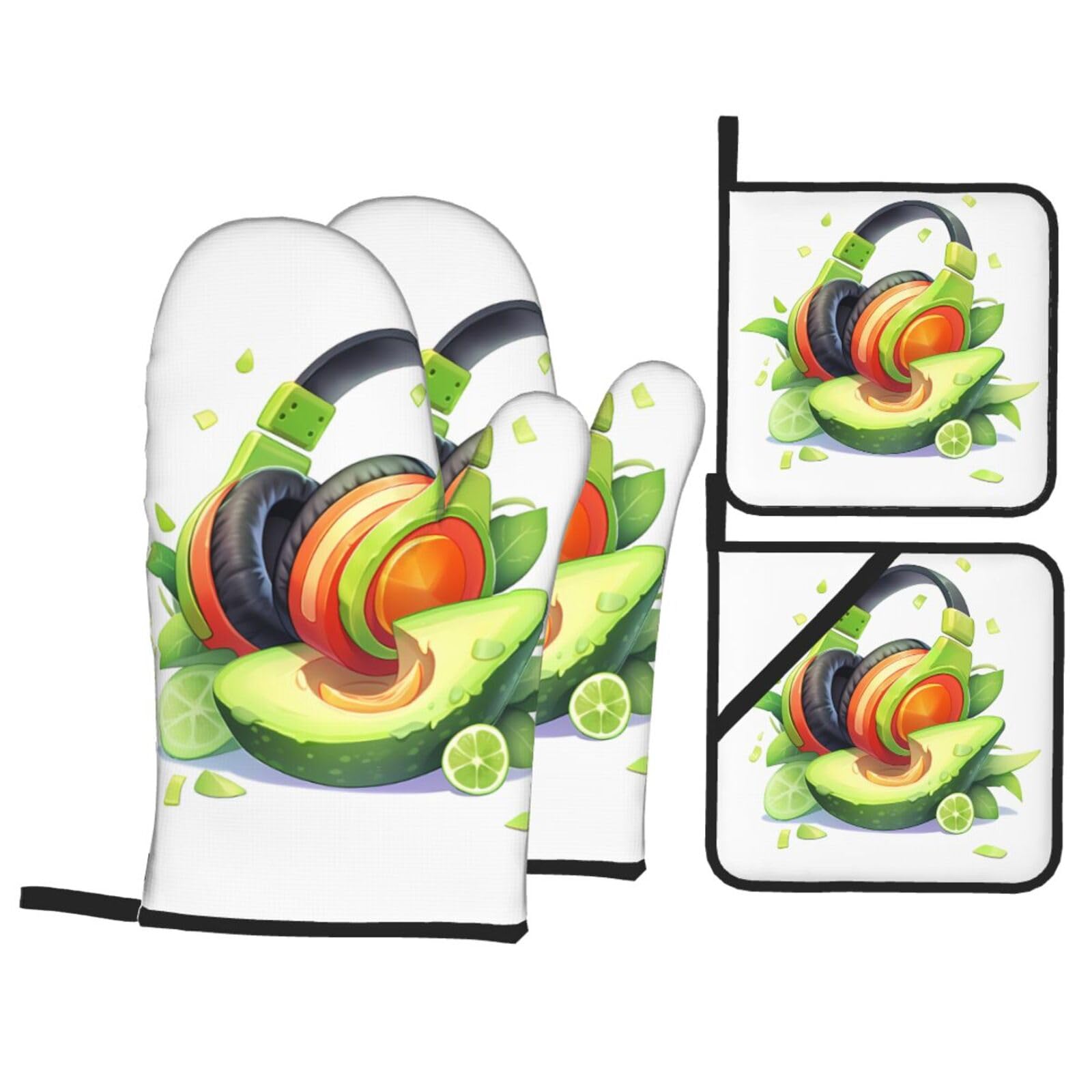 YYHWHJDE Spray Avocado Headphones Printed Kitchen Baking Set of 4 Thick Insulated Oven Mitt & Pot Holders, Anti-Scalding for Microwave, Oven, Outdoor BBQ