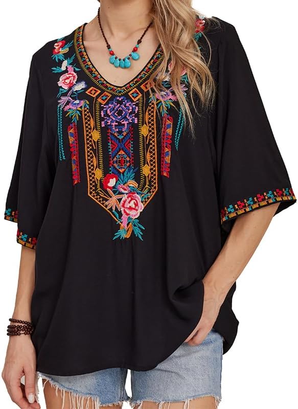 Women's Bohemian Embroidered V-Neck Top Summer Short Sleeve Floral Pattern Blouse Mexican Hippie T-Shirt - Image 3