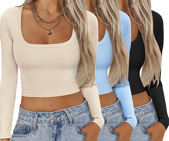 ELESOL Womens Long Sleeve Square Neck Crop Top Ribbed Slim Fitted Going Out Y2K Tops Casual Basic Shirts Tee