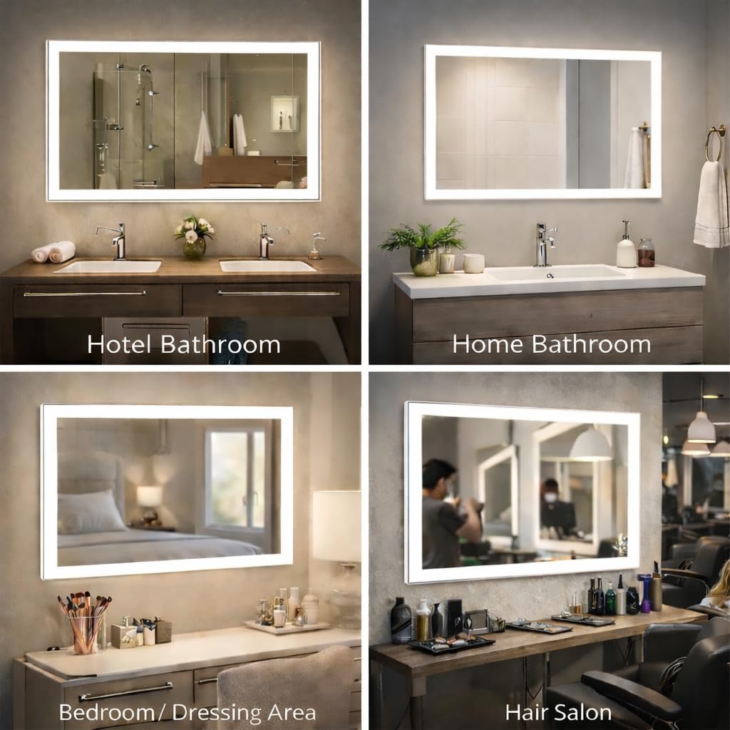 Espejo de Baño con Luz LED 80×60 cm. Espejo de baño Bluetooth y Anti-vaho – Iluminación Ajustable 3 Tonos, Espejo Moderno para Baño, Maquillaje y Aseo – Montaje Horizontal