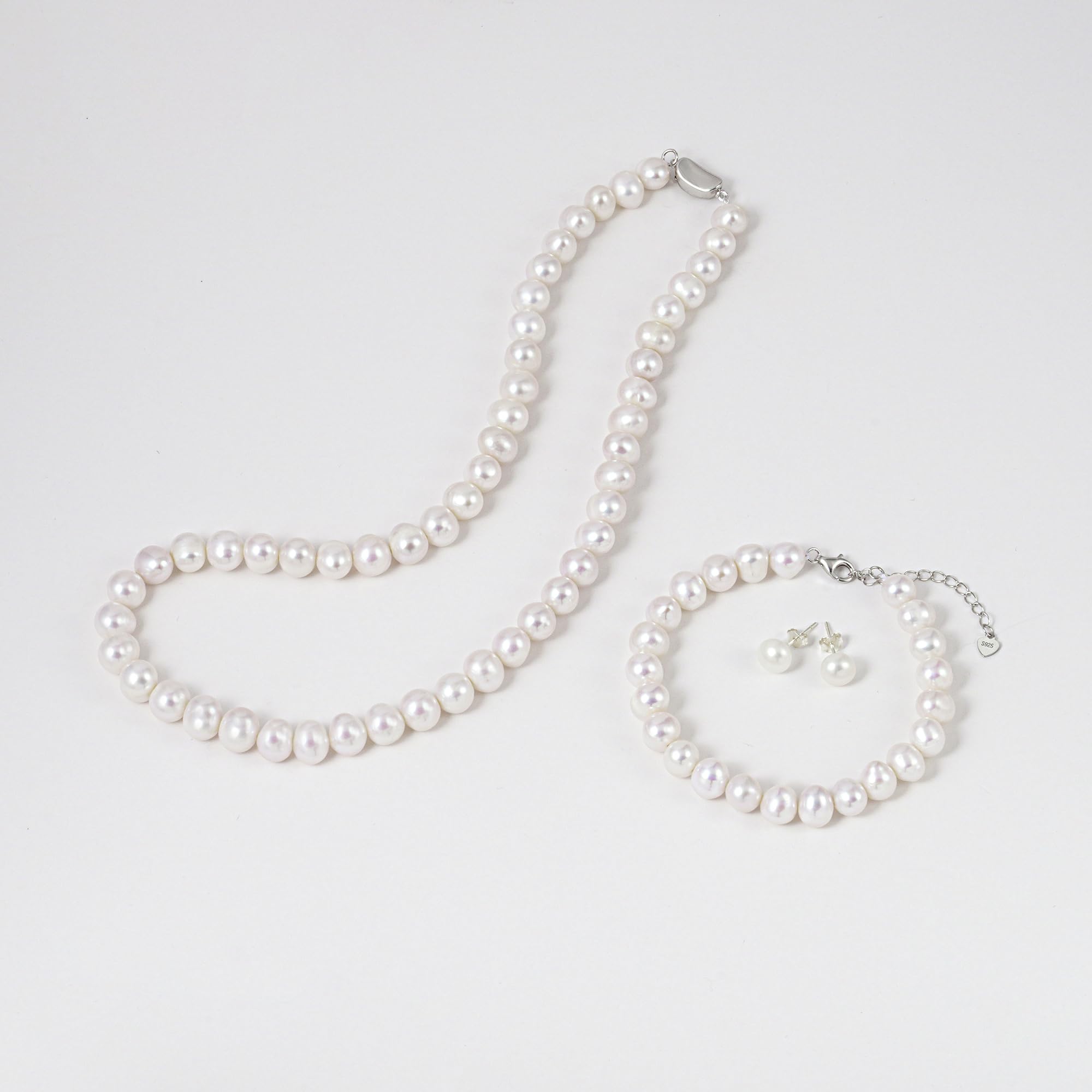 Perlenkette Perlen Halskette Süßwasser Zuchtperlen Schmuck-Set enthalten Armband und Ohrstecker für Damen Geschenke für Muttertag