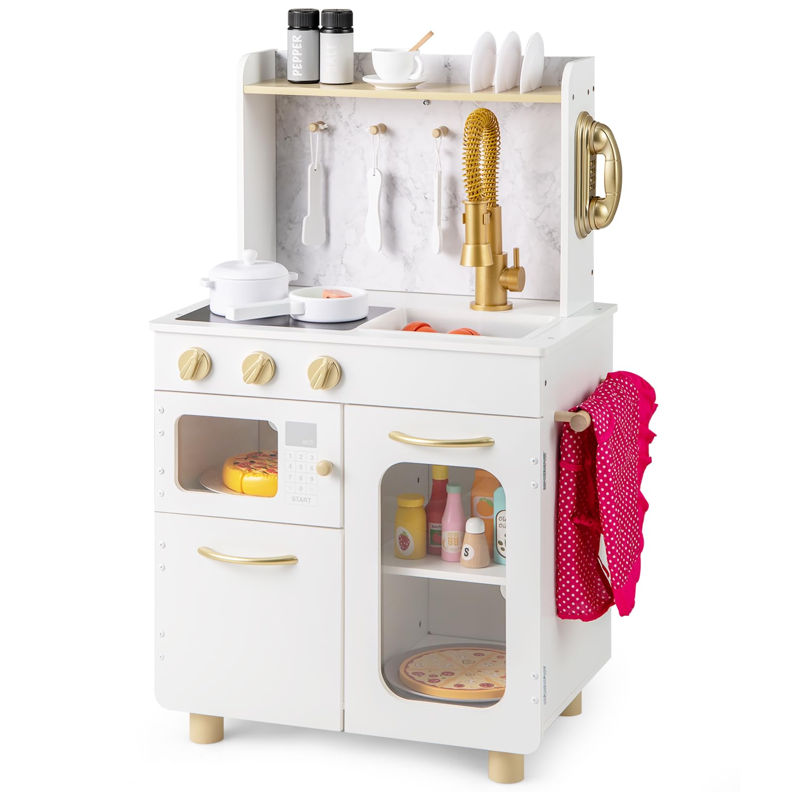 COSTWAY Kids Play Kitchen, Wooden Pretend Toy Kitchen with Stoves, Faucet, Sink, Telephone, Microwave & Oven, Children's Chef Role Play Set for 3+ Years Old Boys Girls