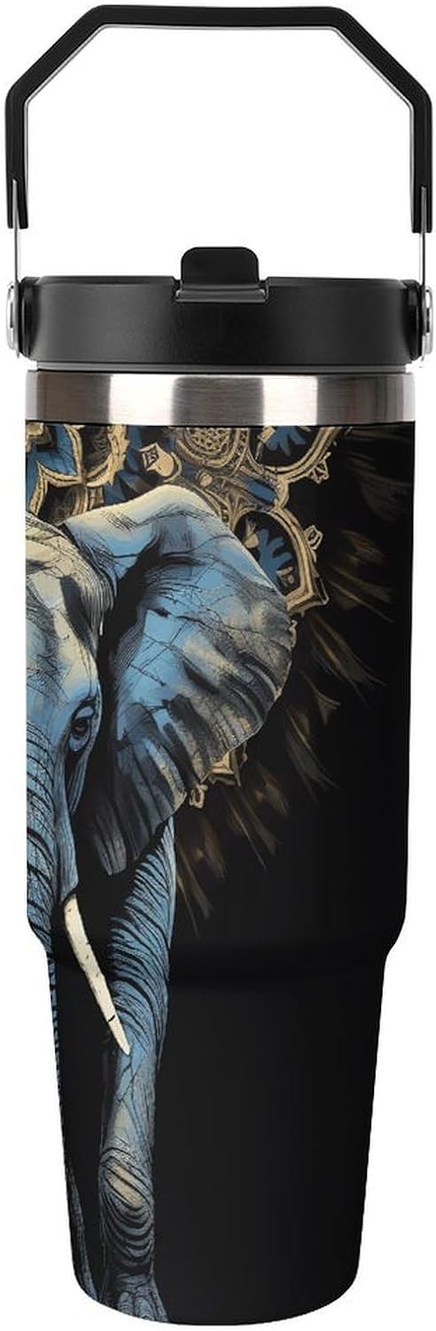 30oz Insulated Tumblers with Top Handle, Stainless Steel Two Elephants on Black Background Two Elephants Car Cup with Straw for Gift, Leak-Proof Double Wall Vacuum Travel Mug, Personalized Water Bottl