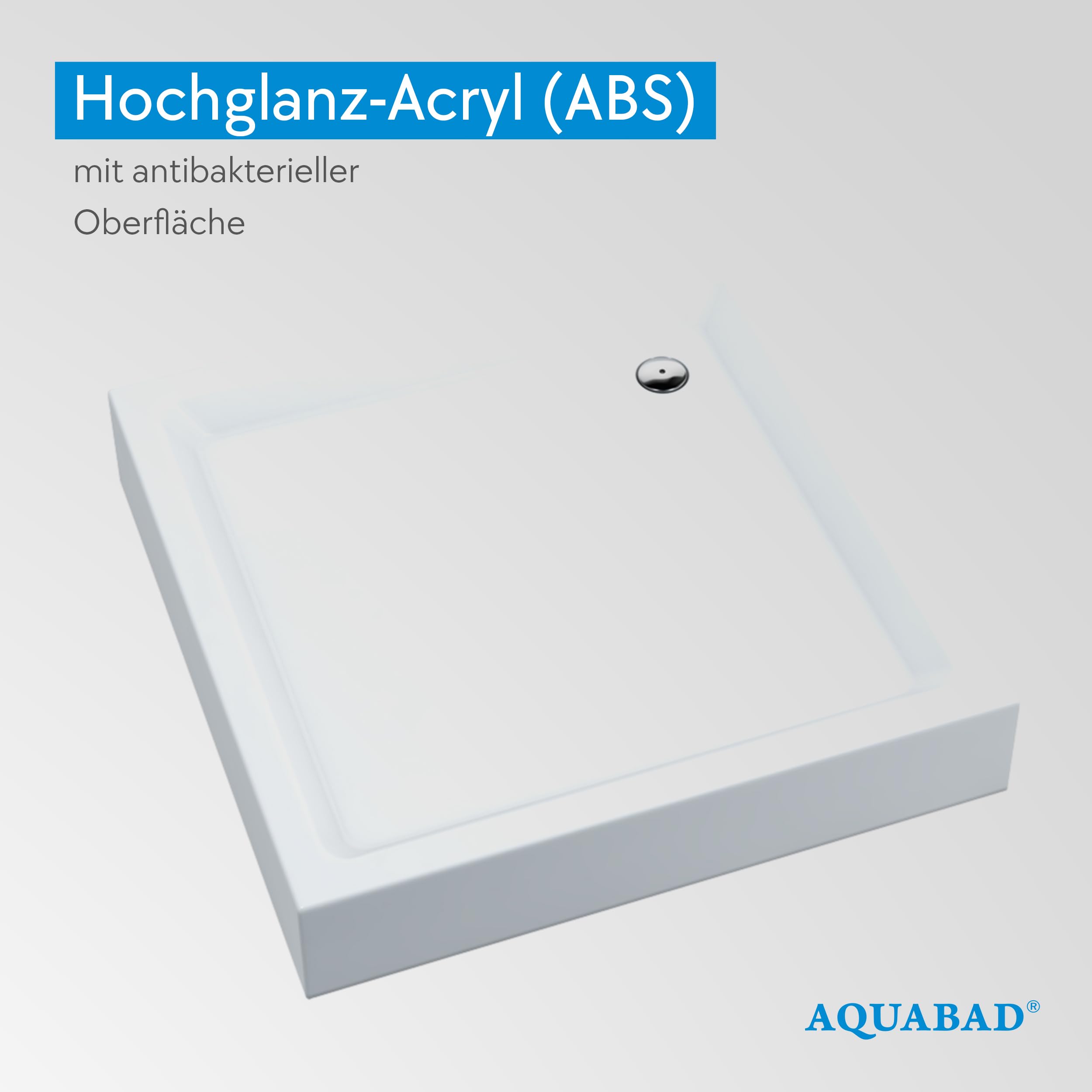 Aquabad Duschwanne NORMA, Maße 90x90cm Quadrat für Duschecke, Duschnische, 3x integrierte Standvorrichtung, Domoplex Siphon, Weißes Sanitäracryl