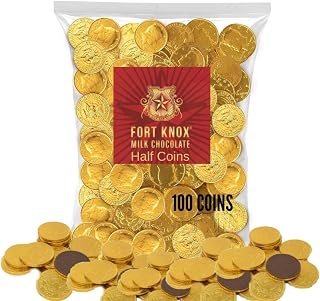 Holiday Gold Half Dollar Chocolate 100 Coins. Milk Chocolate for Birthdays, Christmas, Halloween or any ocasion. Half Dollar Gold Foil Coins, Pieces Individually Wrapped 6oz (100 Pack)