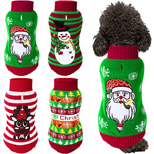 JUNEBRUSHS Weihnachtspullover für Hunde, Weihnachten, Hunde, Urlaub, Pullover, Welpenkleidung, Hund, Winter, warm, Haustier, Weihnachtsmann, Schneemann, Rentier, mittelgroße Katzen und Hunde, 4 Stück Cover