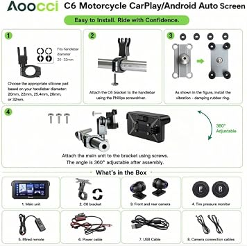 C6 PRO Motorcycle Dash Cam Front and Rear, Motorcycle CarPlay, 1080P Dual Dash Motorbike Camera for Apple CarPlay and Android Auto, GPS & Emergency Lock, 140° Wide Angle, IP67 Waterproof