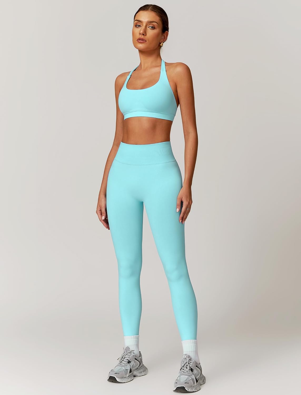 ABOCIW Workout Sets for Women Seamless High Waist Scrunch Butt Lifting Gym Leggings Yoga Pants Halter Sports Bra Yoga Exercise 2 Piece Outfits Mint Green Medium - Image 3