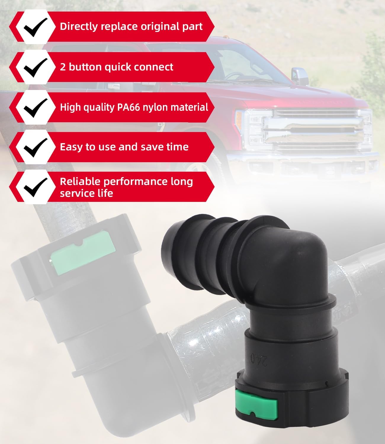 Quick Connector for DEF Tank Fits for Ford Super Duty 2011-2024 90 Degree 24mm x 24mm Elbow 2 Button Quick Connect Quick-connect Tank Hose Fitting (PA66 Nylon Material)