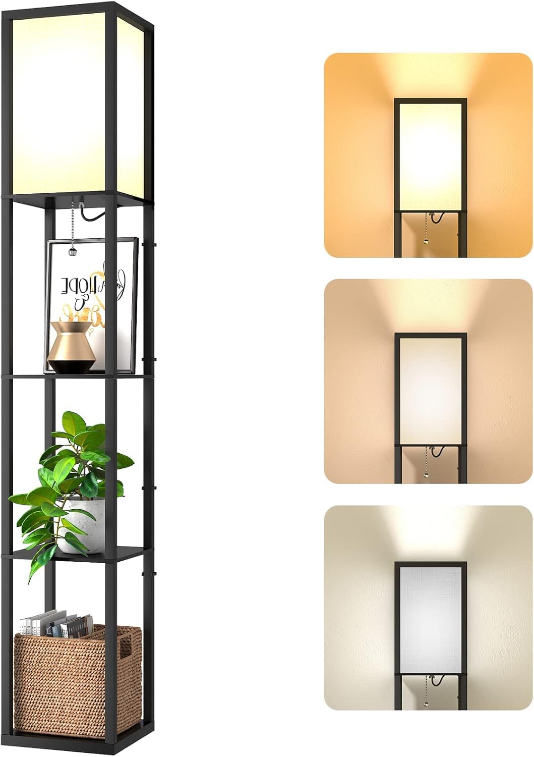 Omdekor Stehlampe aus Holz, Moderne Stehleuchte mit Schwarz Regal, Standleuchte Holzablage 3 Farbtemperaturen Birne, Beleuchtung E27 Fassung für Wohnzimmer Büro Schlafzimmer Flur Ecke(Kein Korb)
