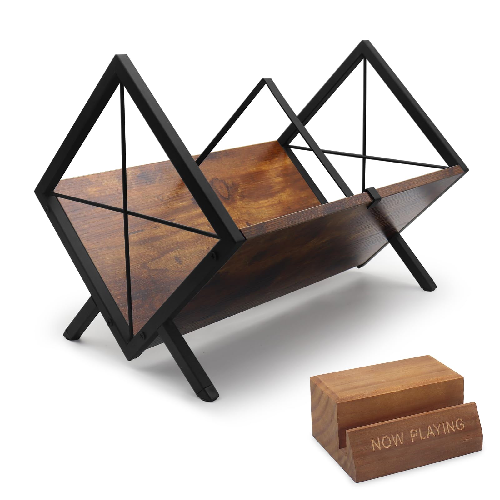 Ensemble de support de rangement pour disques vinyles, bois massif Now Playing support vinyle + support de disque LP fer-bois, étagère vinyle grande capacité pour 80-100 LP, organisateur de