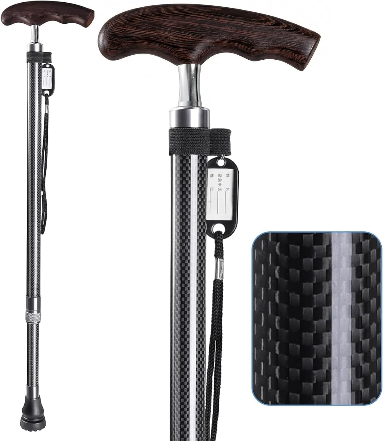 Adjustable Carbon Fiber Walking Cane with Wooden Handle - Lightweight Mobility Aid for Men & Women, Ideal for Seniors and Injury Recovery (Black)