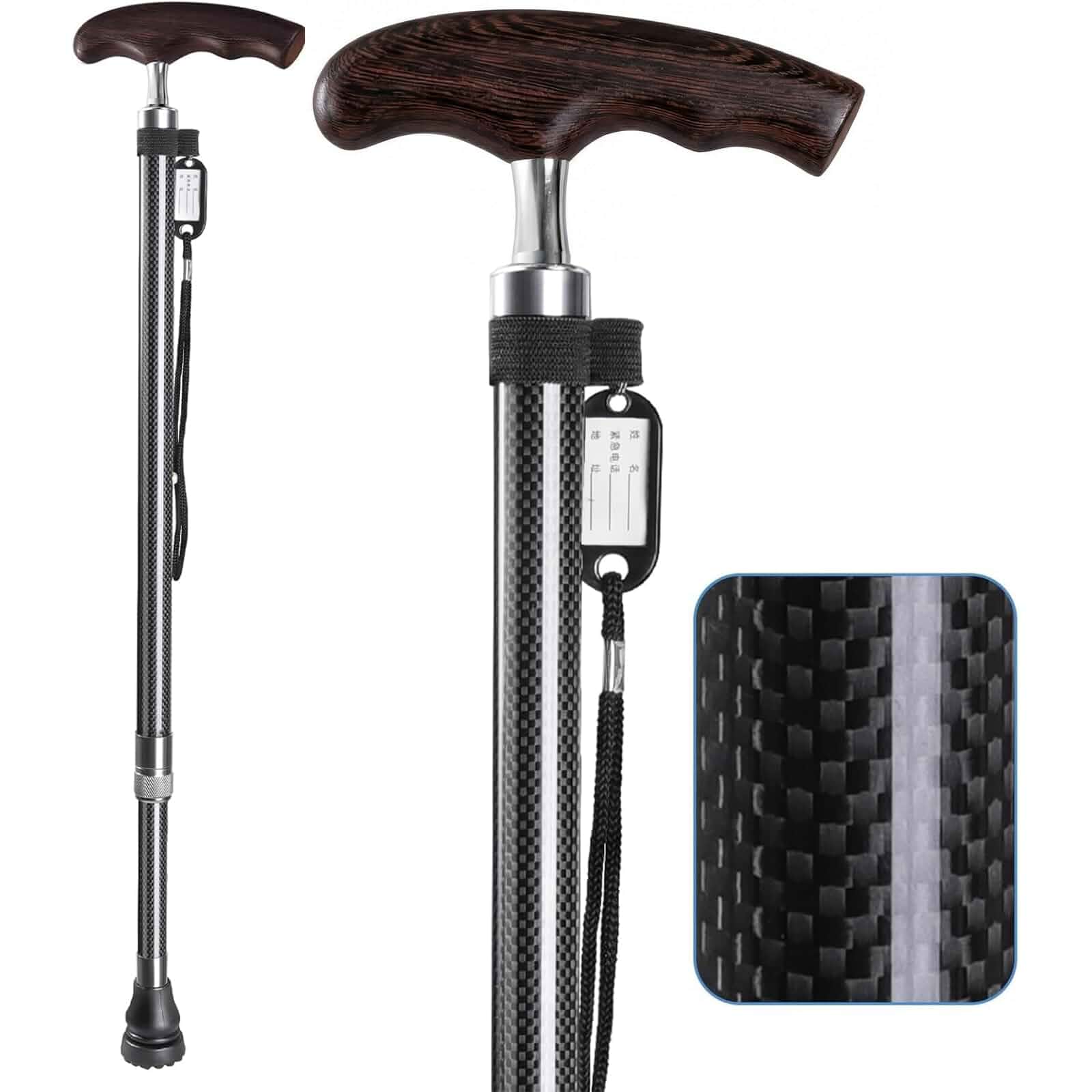 Carbon Fiber Walking Cane for Men and Women - 10 Height-Adjustable, Cane for Seniors Balance, Carbon Fiber Cane Ultralight 0.55 lb, Black Matte, 350 lbs Capacity(Black)