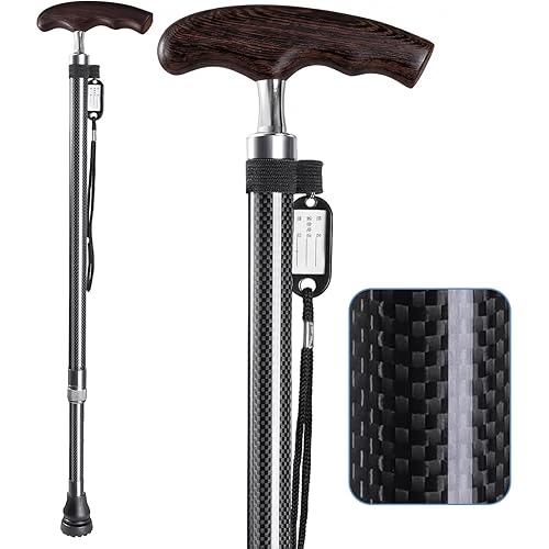 Adjustable Carbon Fiber Walking Cane with Wooden Handle - Lightweight