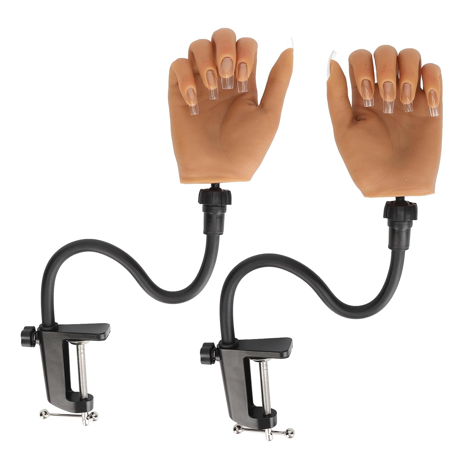 2 Set Practice Nail Tips Art Trainer Hand Tool, Nail Art Training Practice Hand with Clamp Stand Bracket Left Right Hand Bendable Joints Adjustable Silicone Mannequin Hand