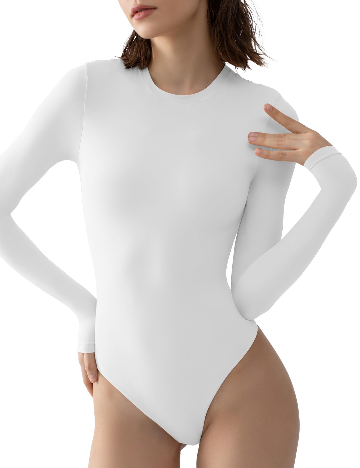PUMIEY Women's Crew Neck Long Sleeve Bodysuit Sexy Tops