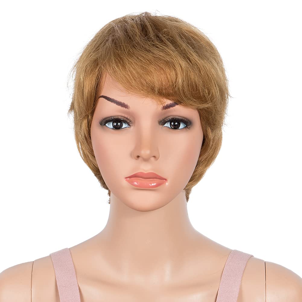 Joedir Pixie Cut Short Human Hair Wig with Bangs for Women Pixie Wigs Machine Made Layered Wavy Brazilian Hair 130% Density(Golden Color)-image-39