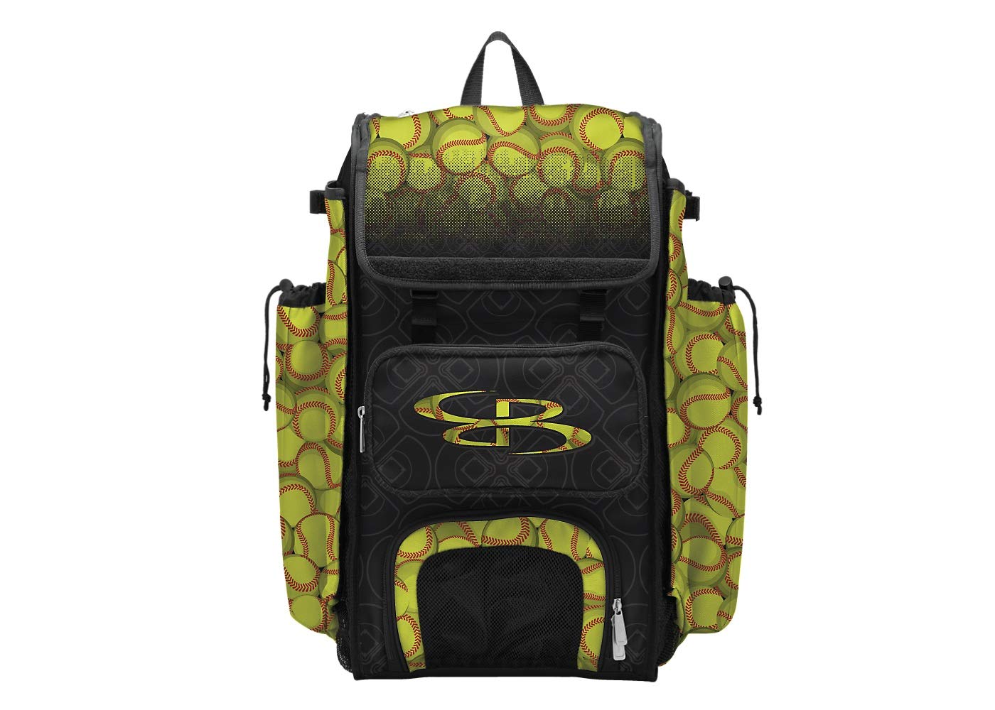 Boombah Catcher's Superpack Bat Bag 23-1/2" x 13-1/2" x 9-1/2" - Softball Black/Optic Yellow/Red - Holds 4 Bats - Backpack Version (no Wheels)