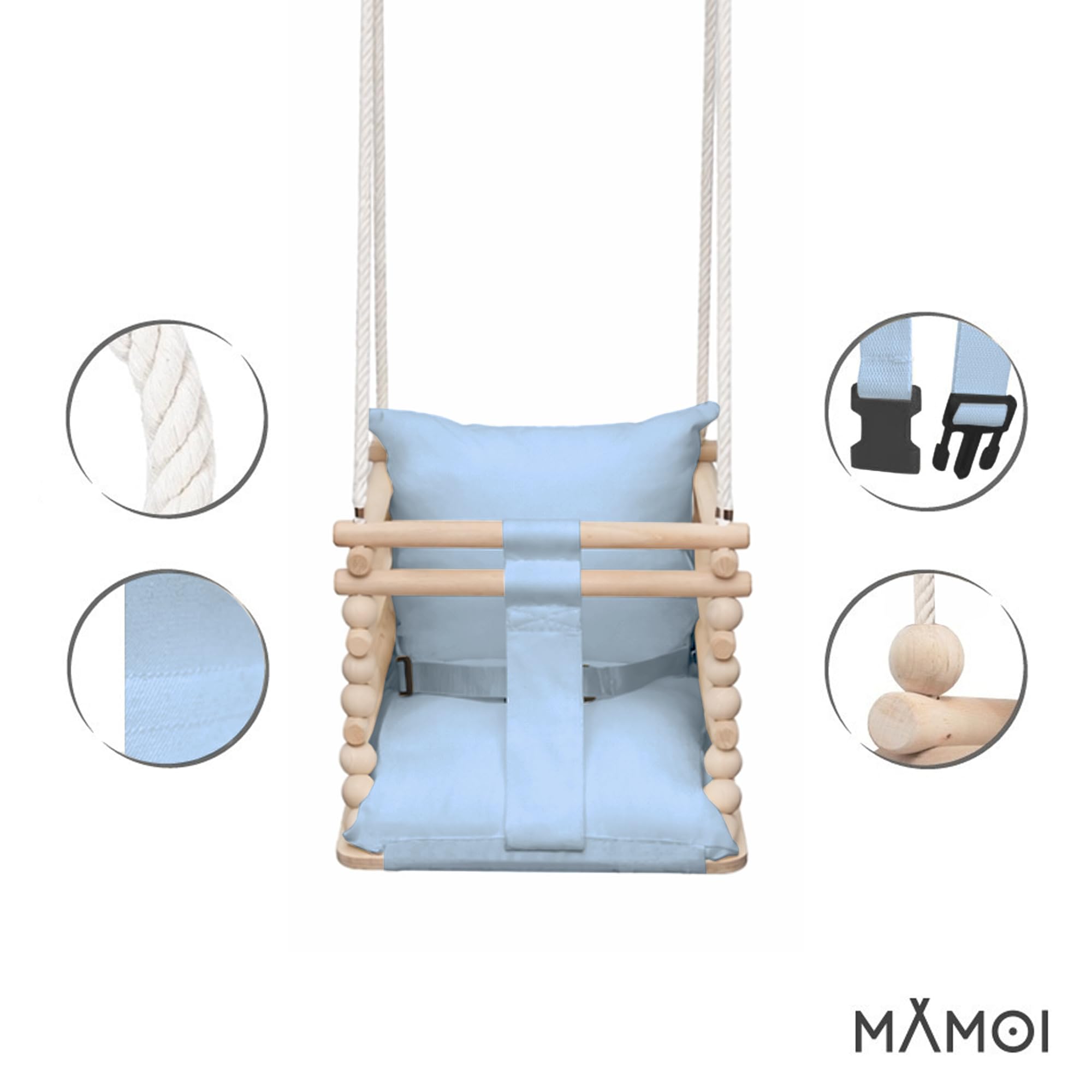 MAMOI® Babyschaukel, Schaukel Indoor und Outdoor, Holzschaukel für Baby und Kinder, Kinderschaukel, Schaukeln aus Holz, Kleinkinderschaukel für kinderzimmer und türrahmen, 3 in 4