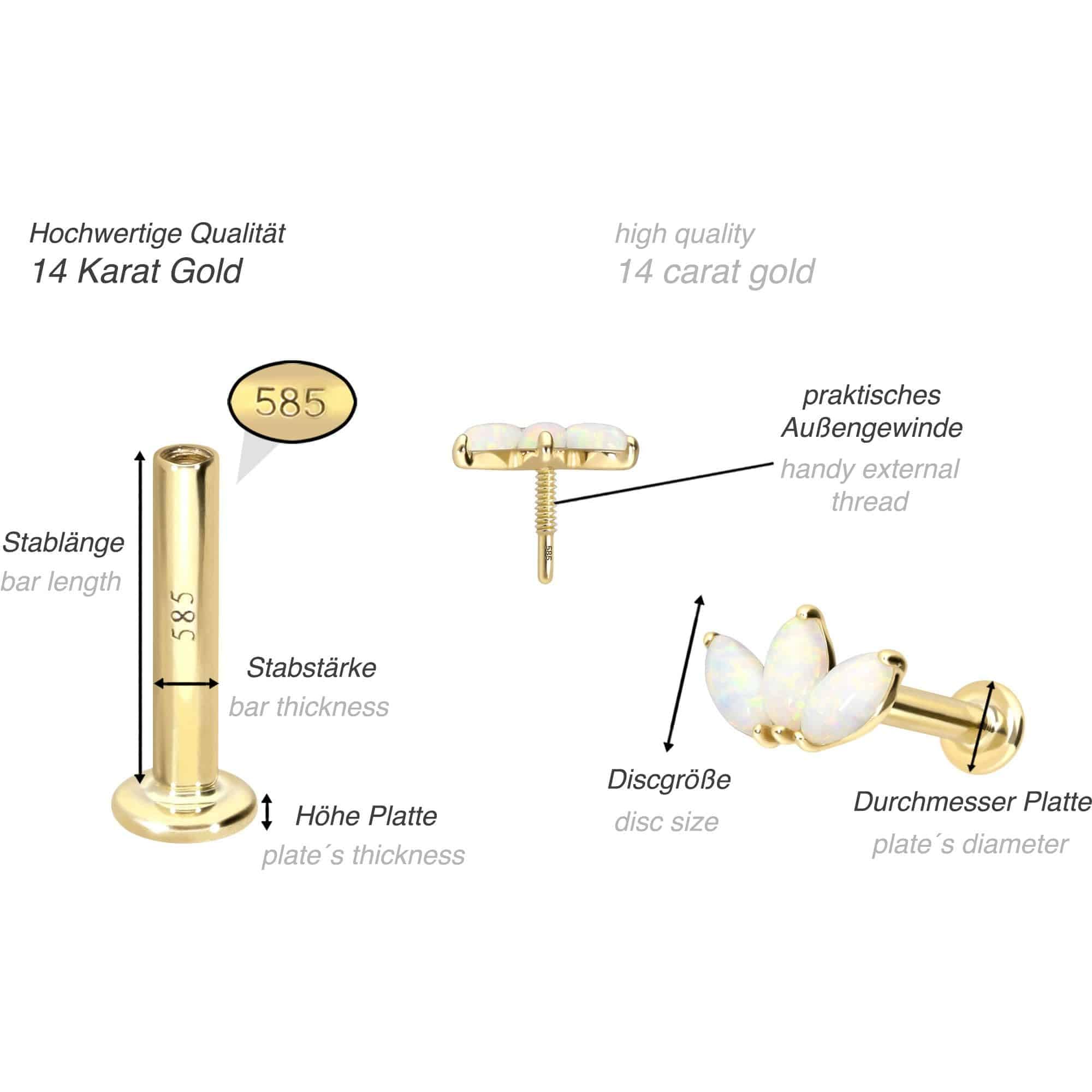 PIERCINGLINE Piercing Stecker 14 Gold Labret mit Innengewinde LOTUSBLÜTE + SYNTHETISCHE OPALE 585er Gold - Roségoldfarben, Goldfarben, Silberfarben